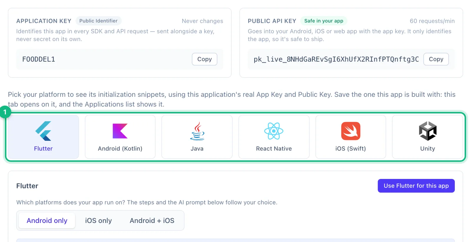 An app's SDK Integration tab, with the platforms to choose from