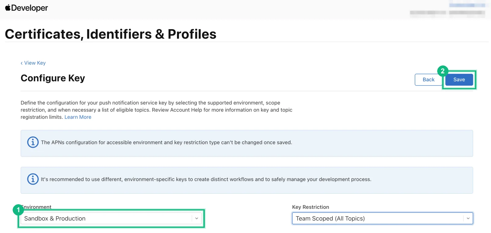 Apple's Configure Key page, with Environment set to Sandbox & Production and Save marked