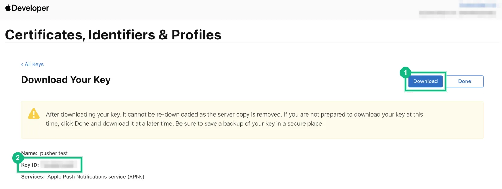 Apple's page for the new key, with the Download button and the Key ID marked