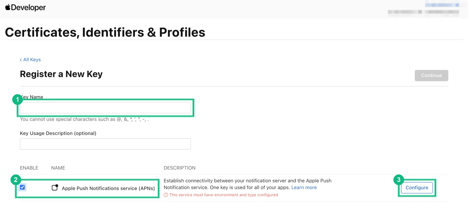 Apple's Register a New Key page: the key name, the APNs checkbox and the Configure button marked