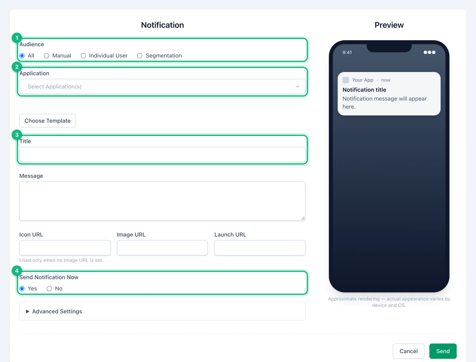 The Create Notification page, with the audience, application, title and message, and a phone preview