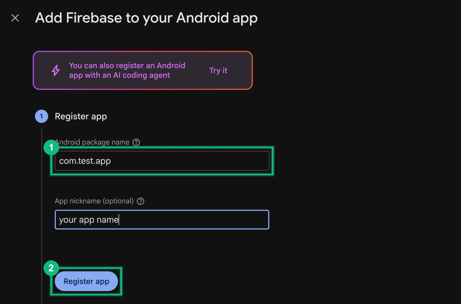 Firebase's Add Firebase to your Android app screen, with the package name box and Register app marked