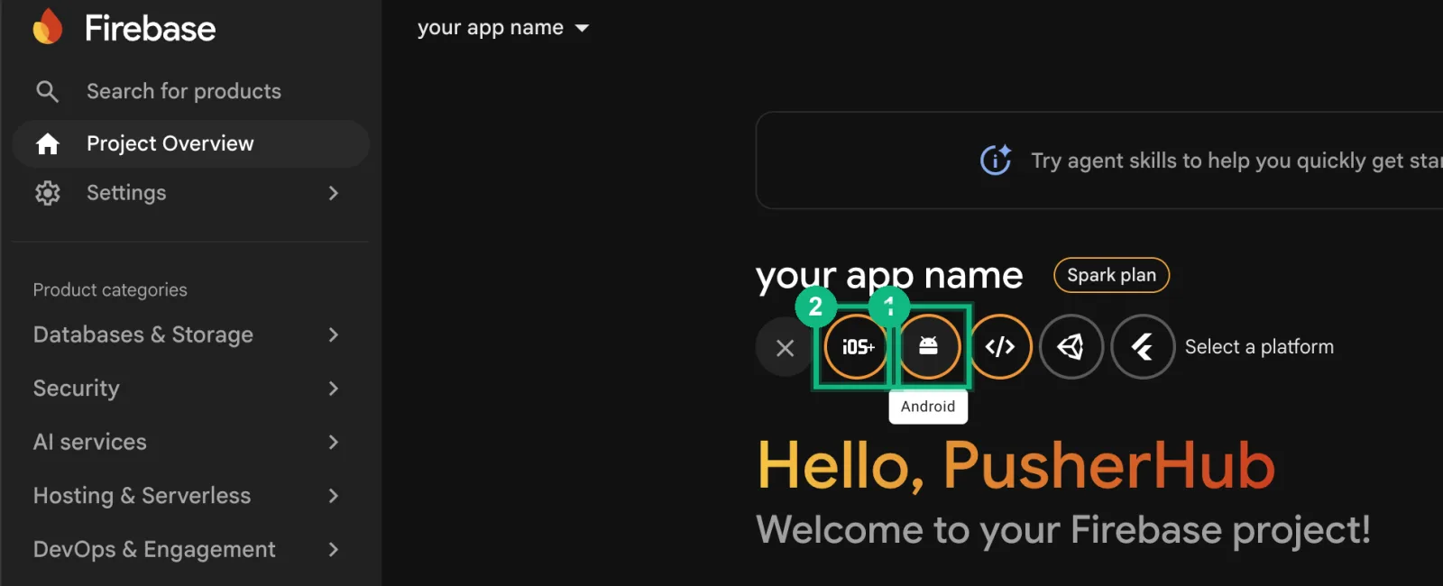 The Firebase project's home page, with the Android and iOS+ icons under the project name