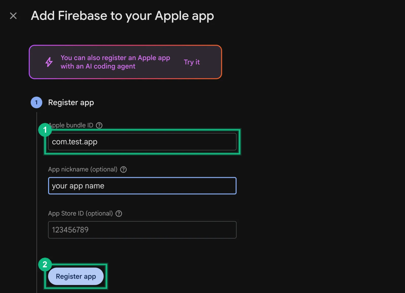 Firebase's Add Firebase to your Apple app screen, with the bundle ID box and Register app marked