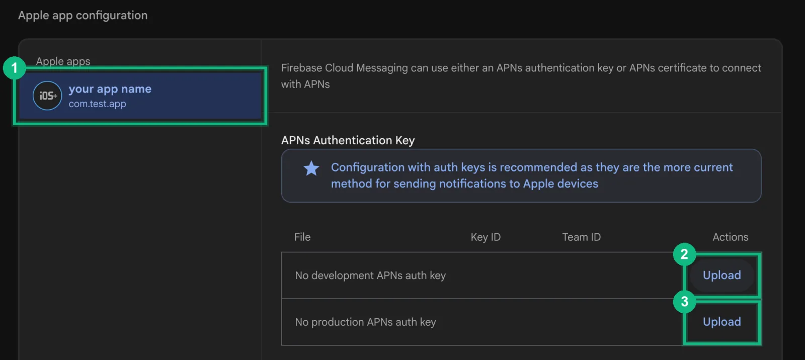Firebase's Apple app configuration, with the iOS app and the Upload buttons for the development and production keys marked