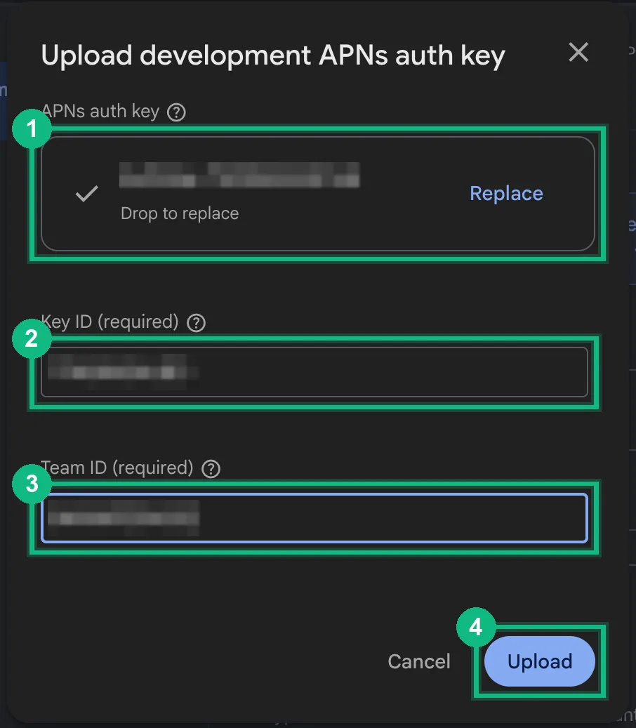Firebase's upload box for the APNs authentication key, asking for the file, Key ID and Team ID