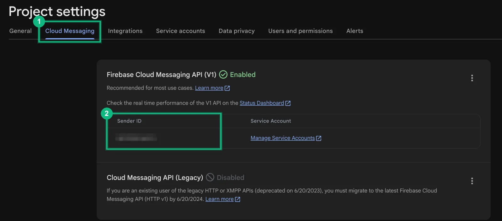 Firebase's Cloud Messaging tab, with the Sender ID marked