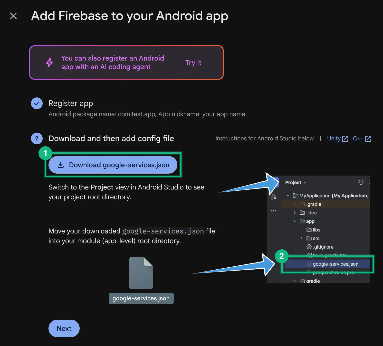 Firebase's Download google-services.json button, and the file in the app folder in Android Studio