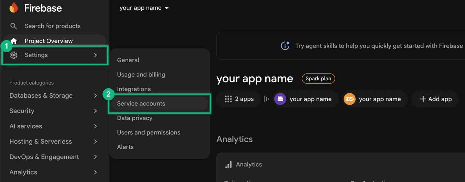 Firebase's left-hand menu, with Settings open and Service accounts marked