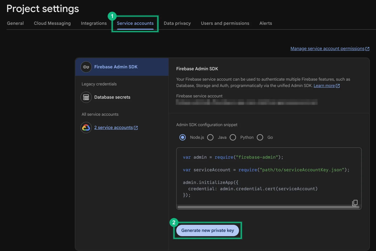 Firebase's Service accounts tab, with the Generate new private key button marked