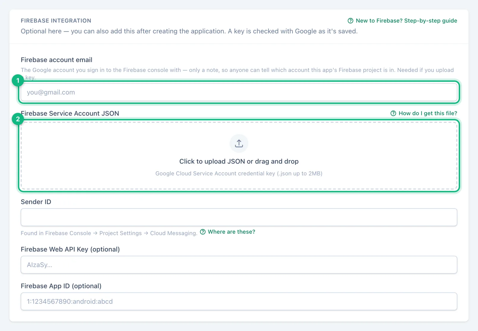 The Firebase Integration box on the New Application page, with the upload area for the service account file marked