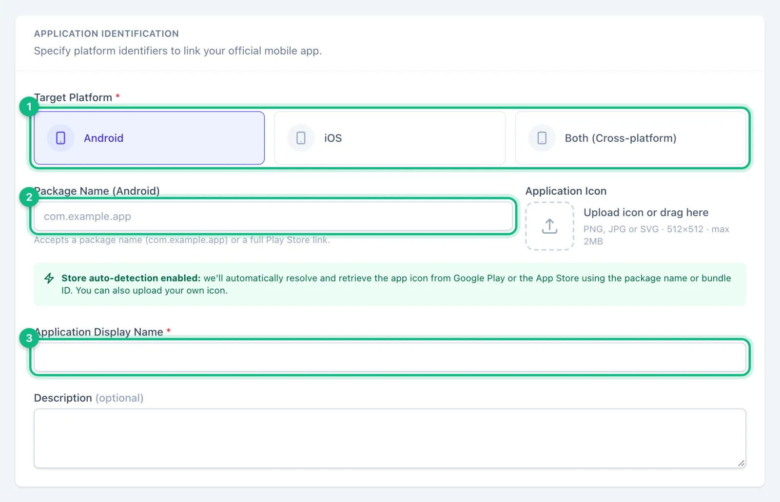 The New Application page: target platform, package name, bundle ID and display name