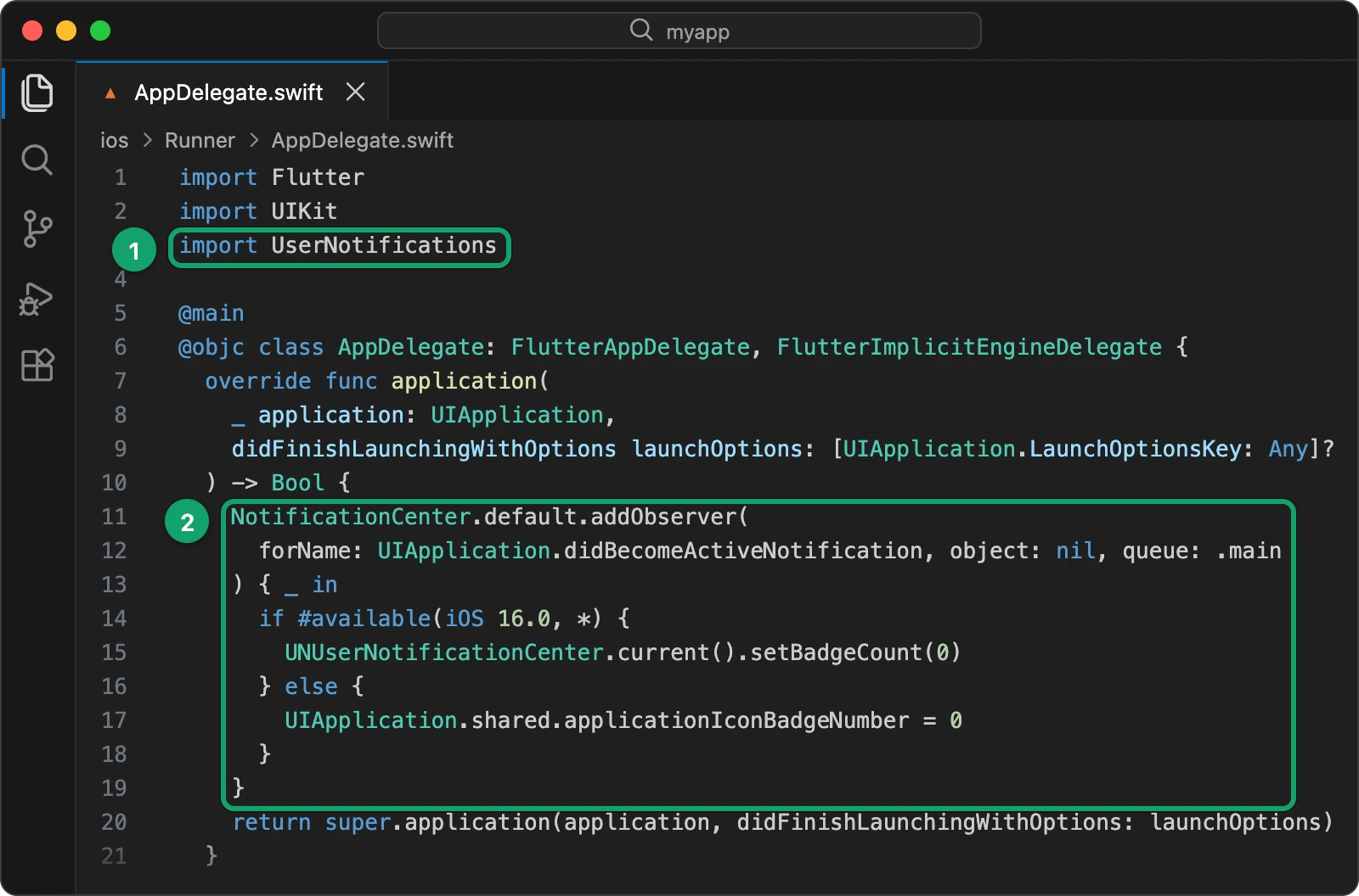 ios/Runner/AppDelegate.swift with UserNotifications imported and the badge cleared when the app becomes active