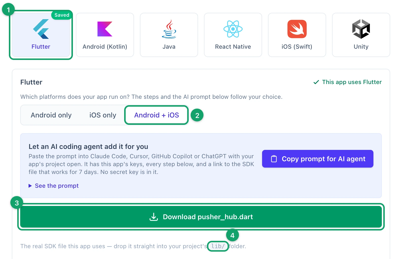 The SDK Integration tab with Flutter and Android + iOS picked, its Download pusher_hub.dart button and the folder the file goes in