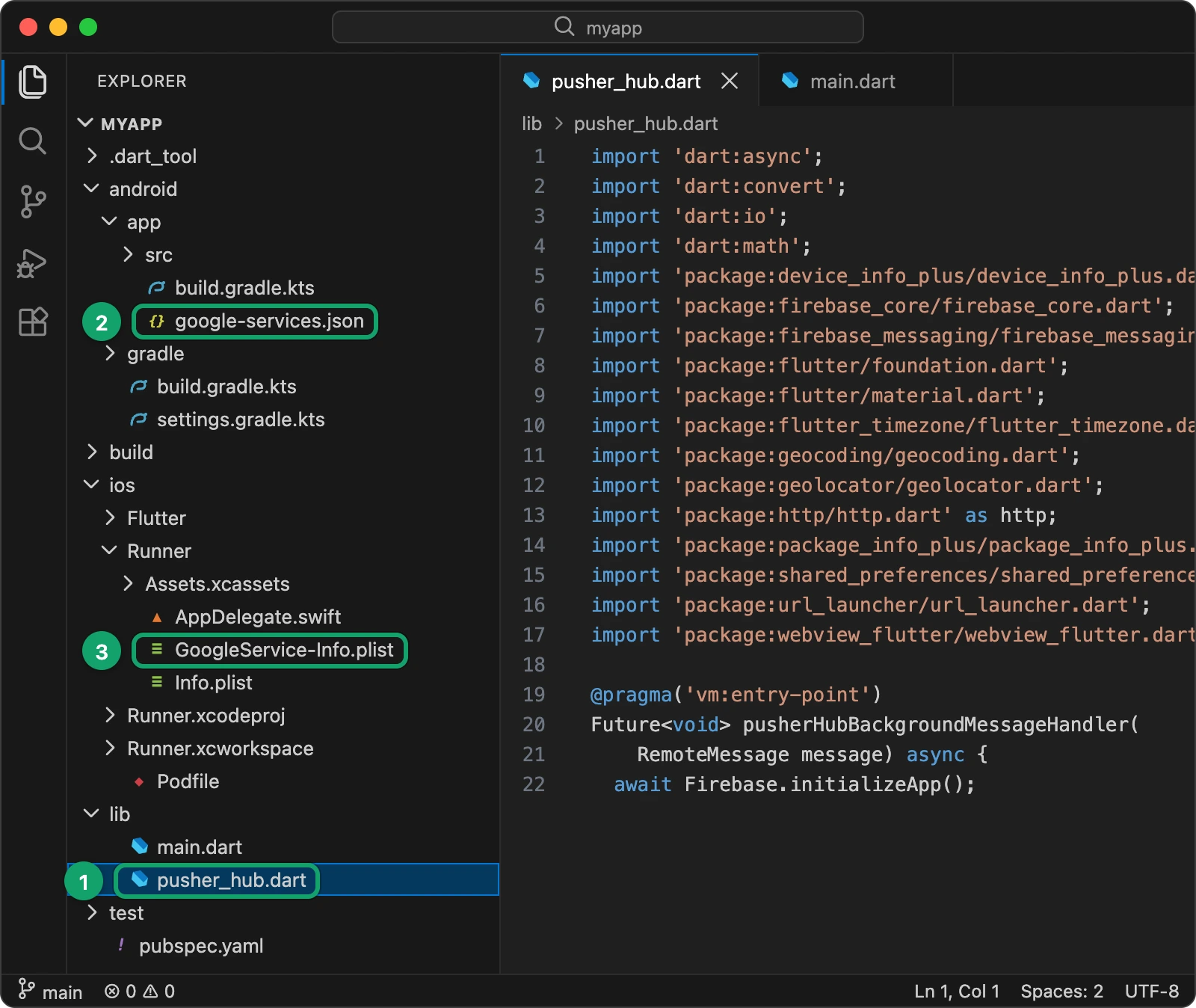 VS Code's file list with pusher_hub.dart in lib, google-services.json in android/app and GoogleService-Info.plist in ios/Runner