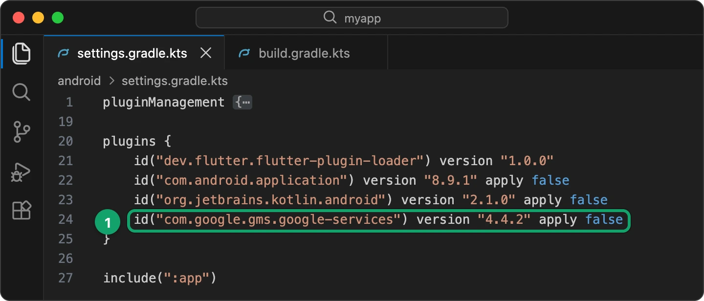 android/settings.gradle.kts with the Google services plugin line added