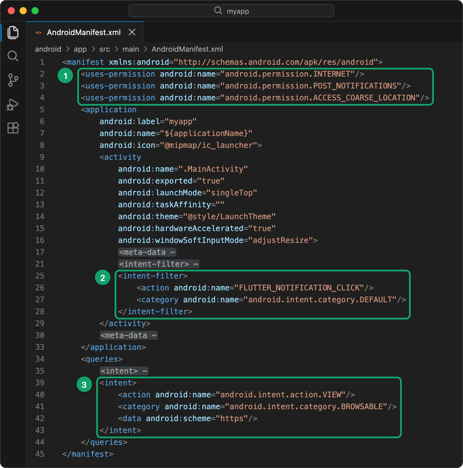 AndroidManifest.xml with the permissions, the FLUTTER_NOTIFICATION_CLICK intent filter and the browser intent in queries
