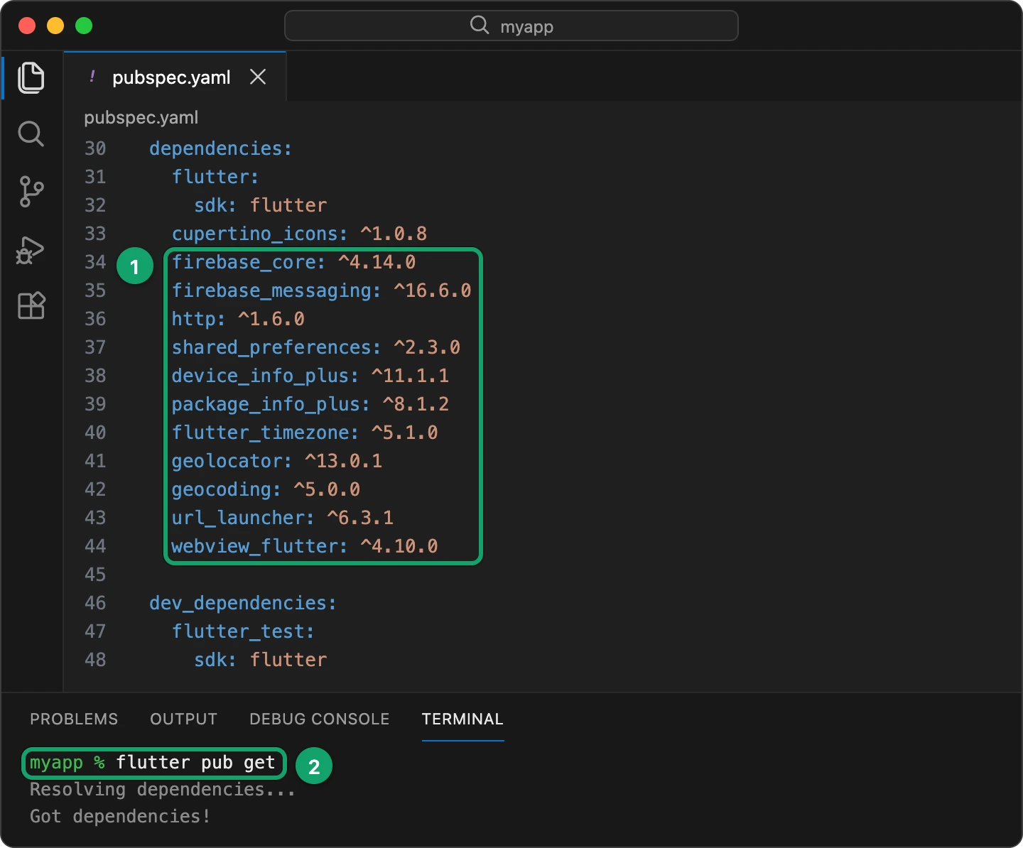 pubspec.yaml with the packages PusherHub needs, and flutter pub get in the terminal