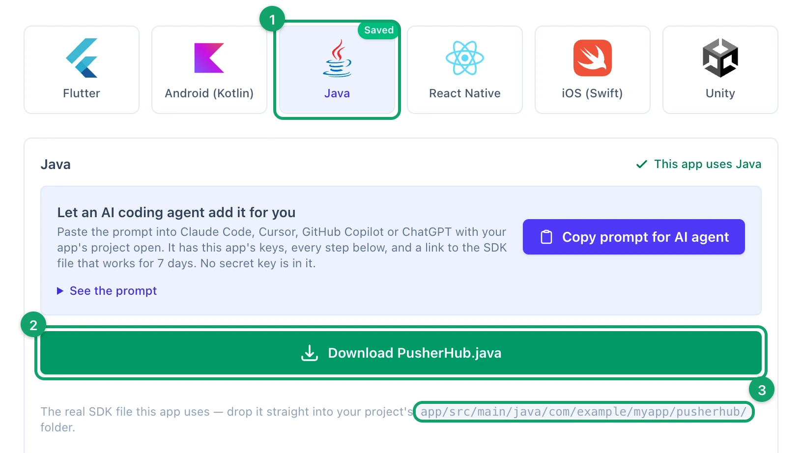 The SDK Integration tab with Java picked, its Download PusherHub.java button and the folder the file goes in