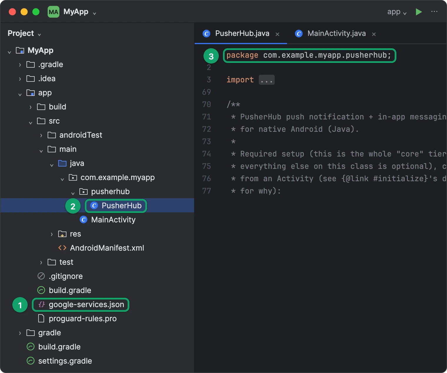 Android Studio's Project view with google-services.json in the app folder and PusherHub.java in the pusherhub package