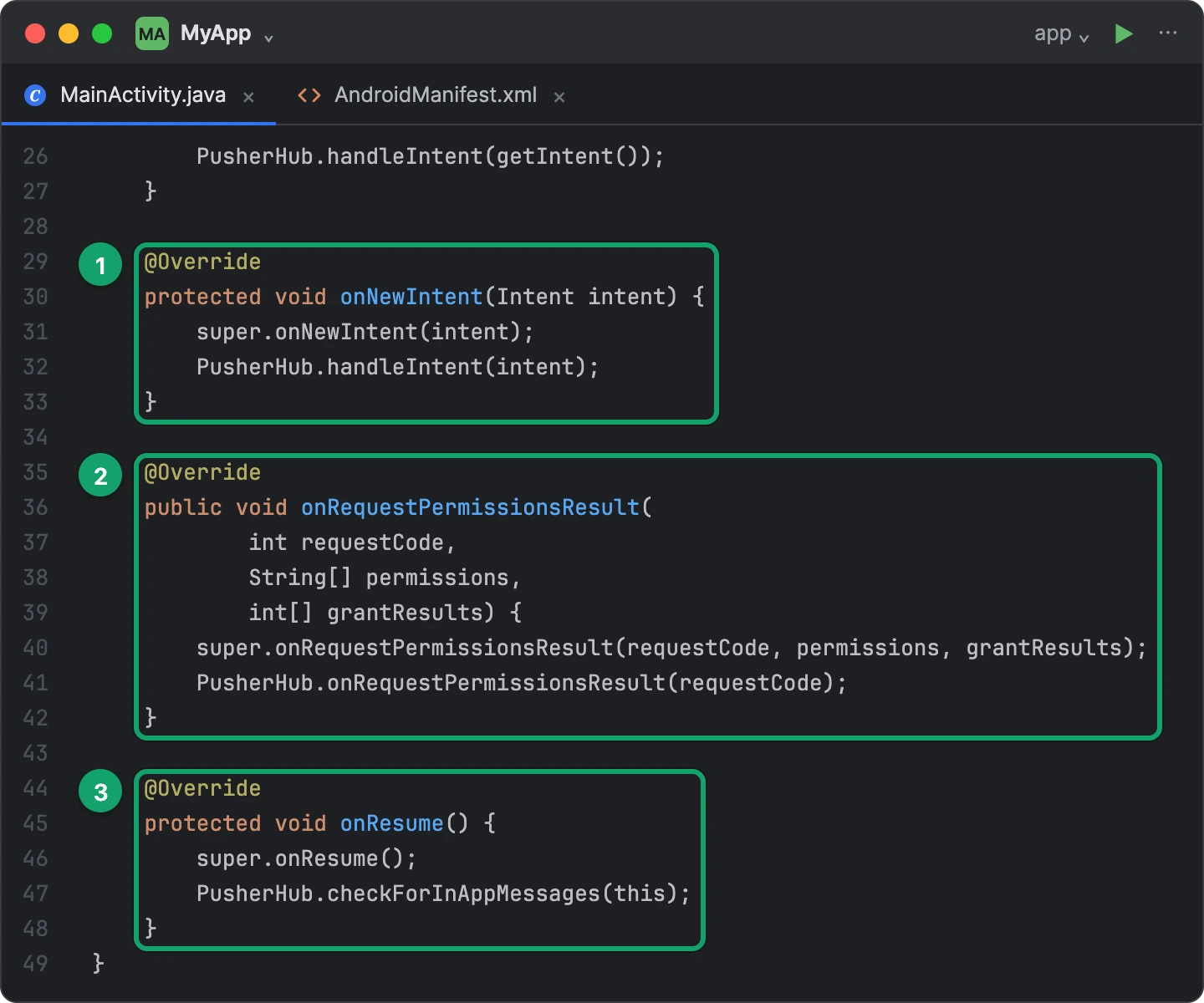 The rest of MainActivity.java: onNewIntent, onRequestPermissionsResult and onResume, each calling PusherHub