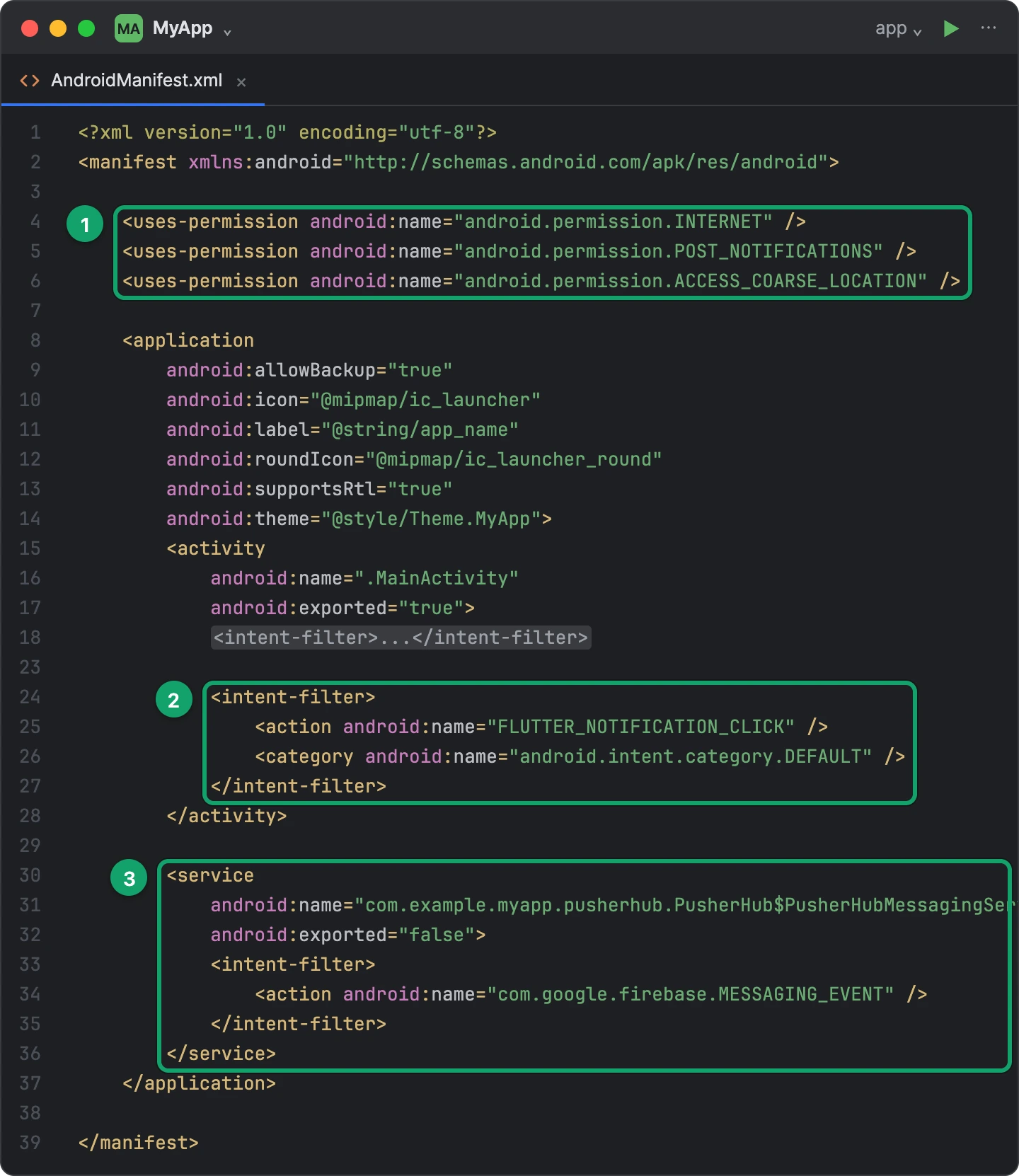 AndroidManifest.xml with the three permissions, the FLUTTER_NOTIFICATION_CLICK intent filter and the PusherHub messaging service added