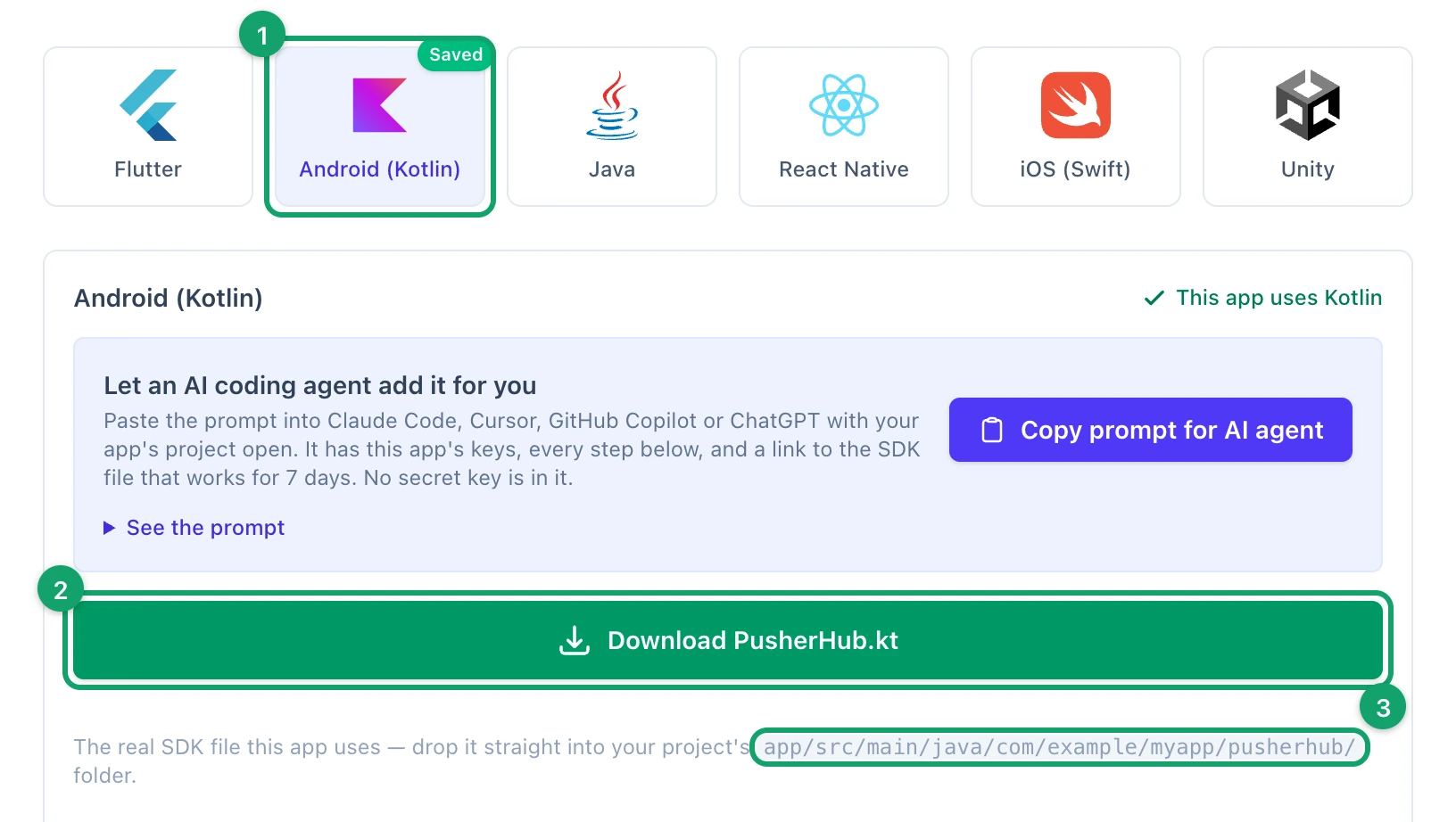 The SDK Integration tab with Android (Kotlin) picked, its Download PusherHub.kt button and the folder the file goes in