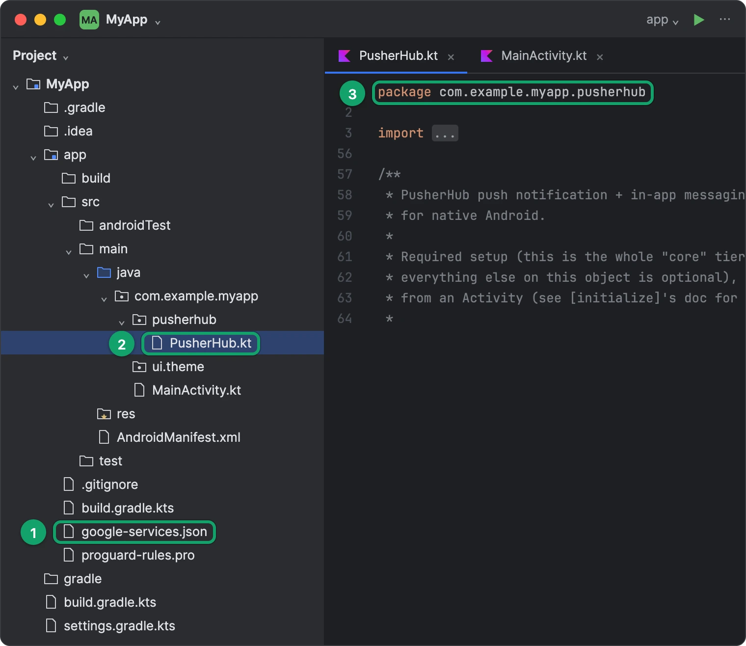 Android Studio's Project view with google-services.json in the app folder and PusherHub.kt in the pusherhub package