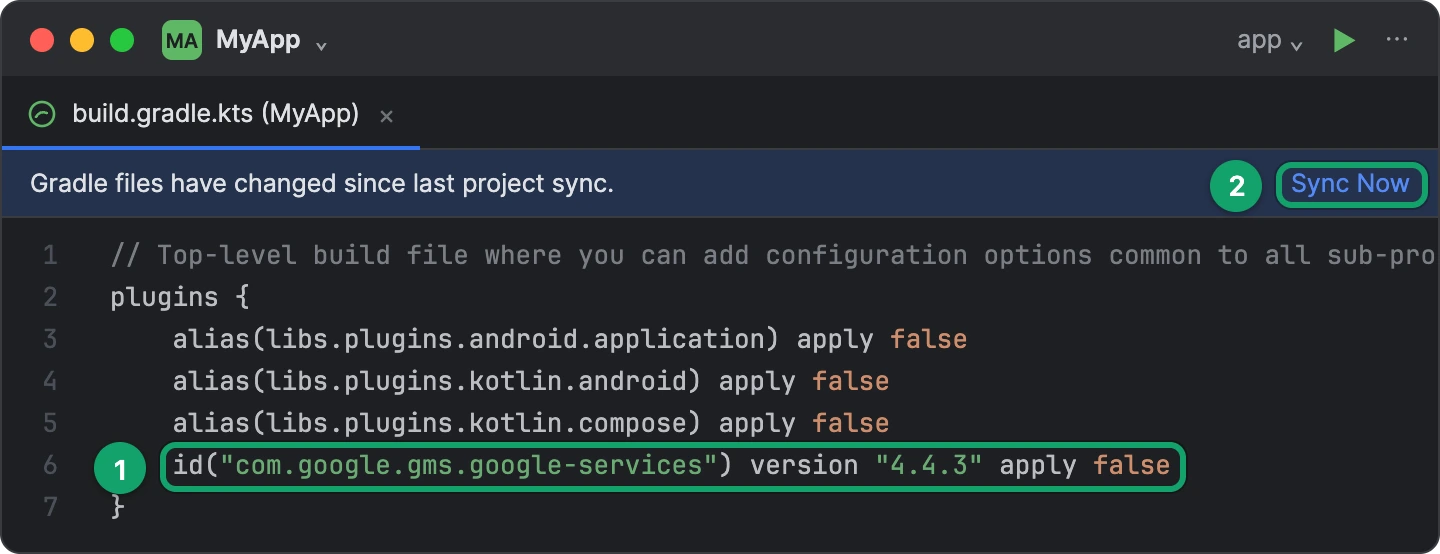 The project's build.gradle.kts with the Google services plugin line added, and Android Studio's Sync Now link