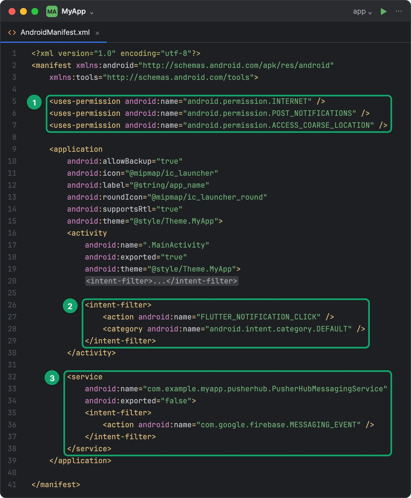 AndroidManifest.xml with the three permissions, the FLUTTER_NOTIFICATION_CLICK intent filter and the PusherHub messaging service added