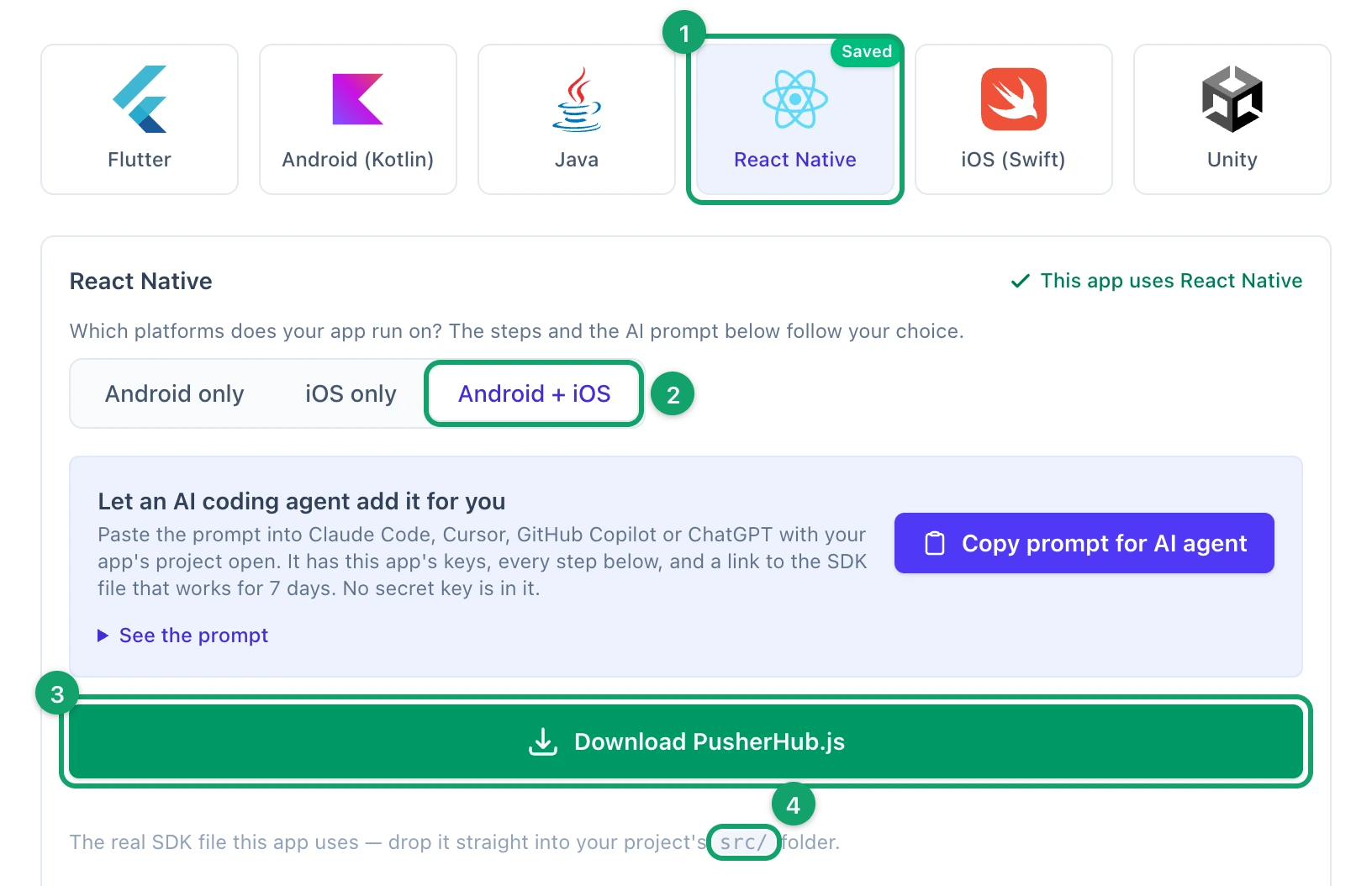 The SDK Integration tab with React Native and Android + iOS picked, its Download PusherHub.js button and the folder the file goes in