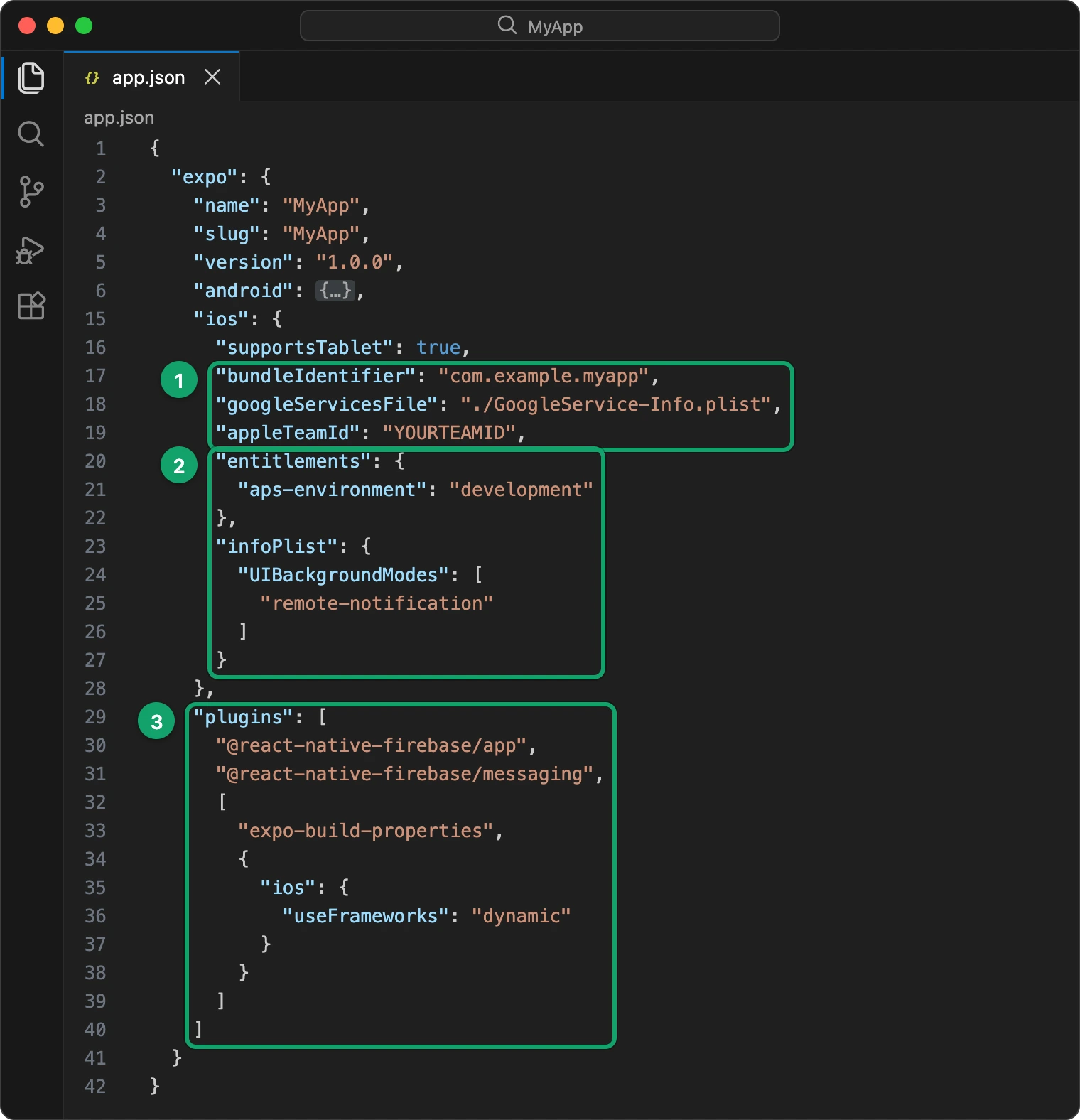 An Expo app.json with the iOS bundle ID, Firebase file, Team ID, push entitlement, background mode and the Firebase and build-properties plugins