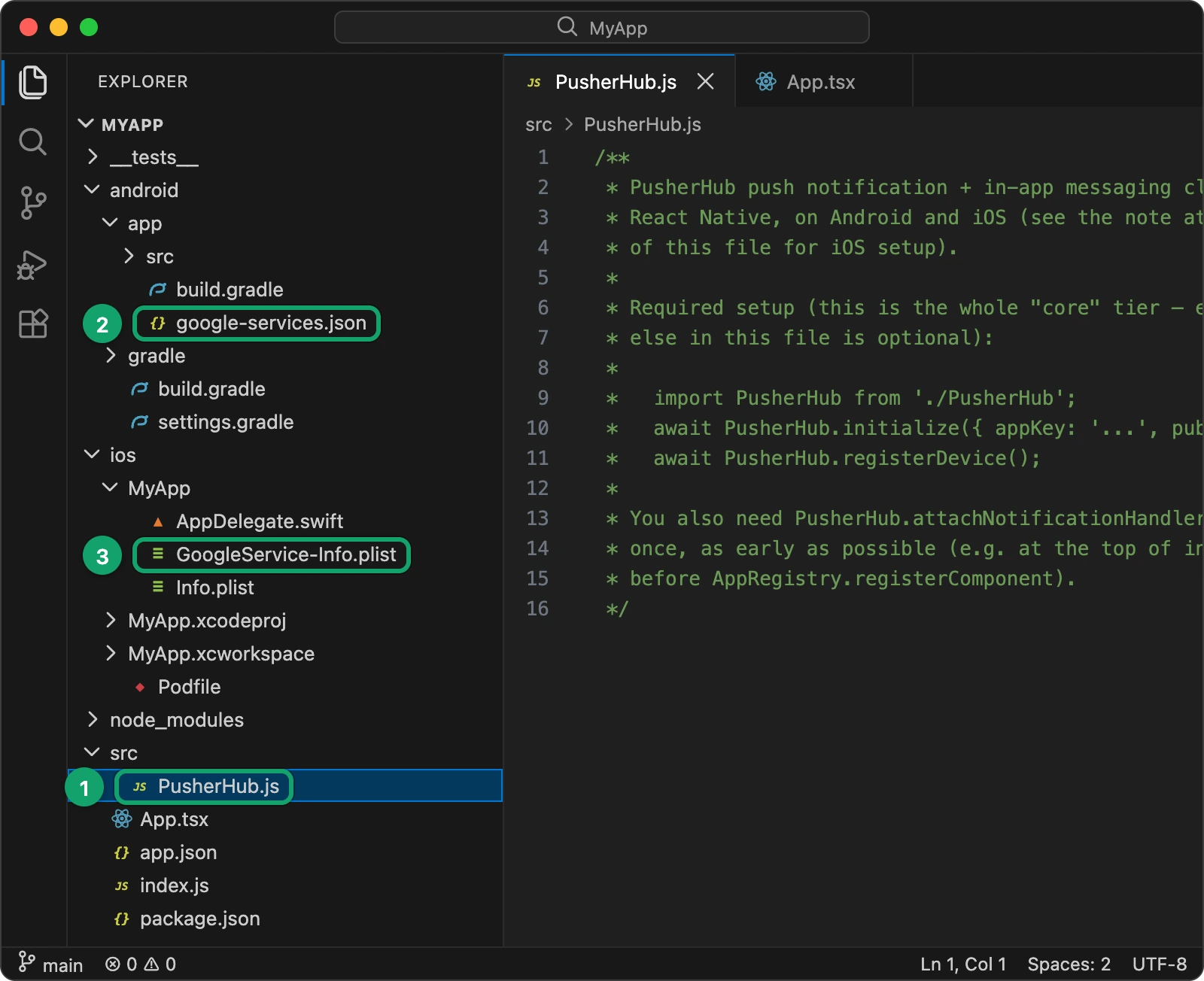VS Code's file list with PusherHub.js in src, google-services.json in android/app and GoogleService-Info.plist in the iOS app folder