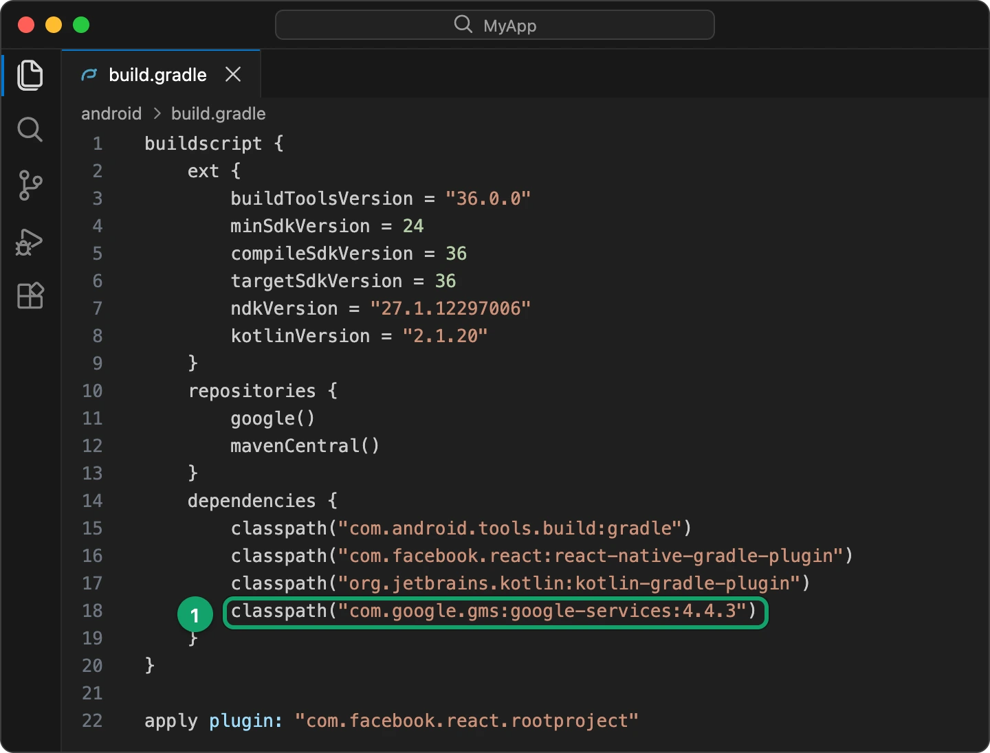 android/build.gradle with the Google services classpath line added