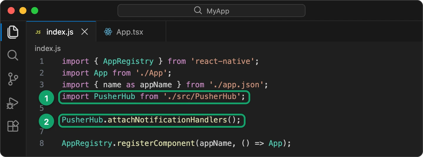 index.js with the PusherHub import and attachNotificationHandlers() before AppRegistry.registerComponent