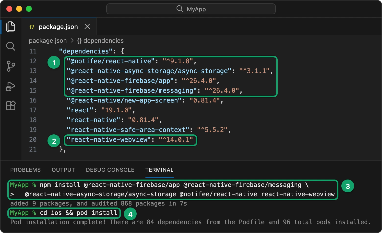 package.json with the PusherHub packages, and npm install and pod install in the terminal