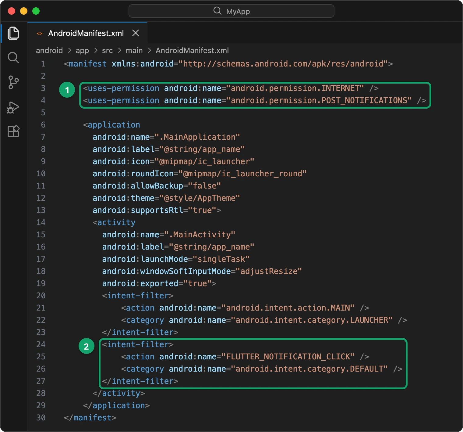 AndroidManifest.xml with the INTERNET and POST_NOTIFICATIONS permissions and the FLUTTER_NOTIFICATION_CLICK intent filter