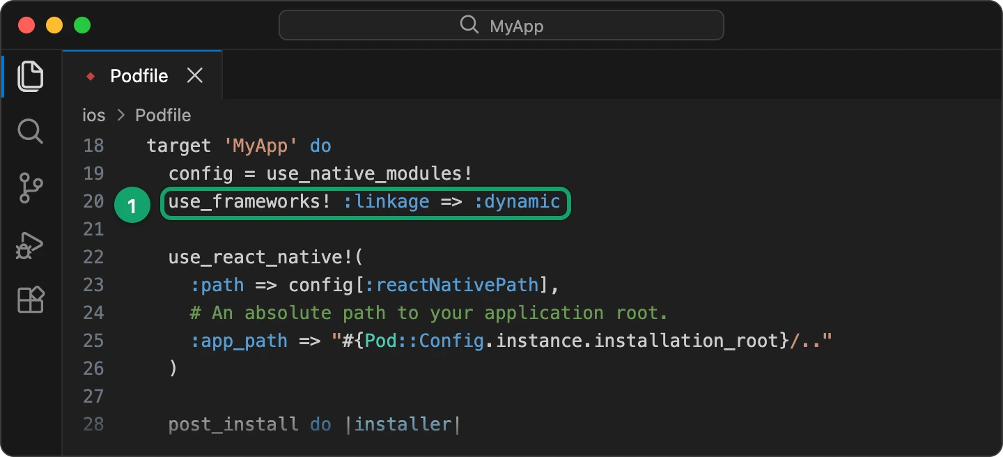 ios/Podfile with use_frameworks! linkage dynamic inside the app target