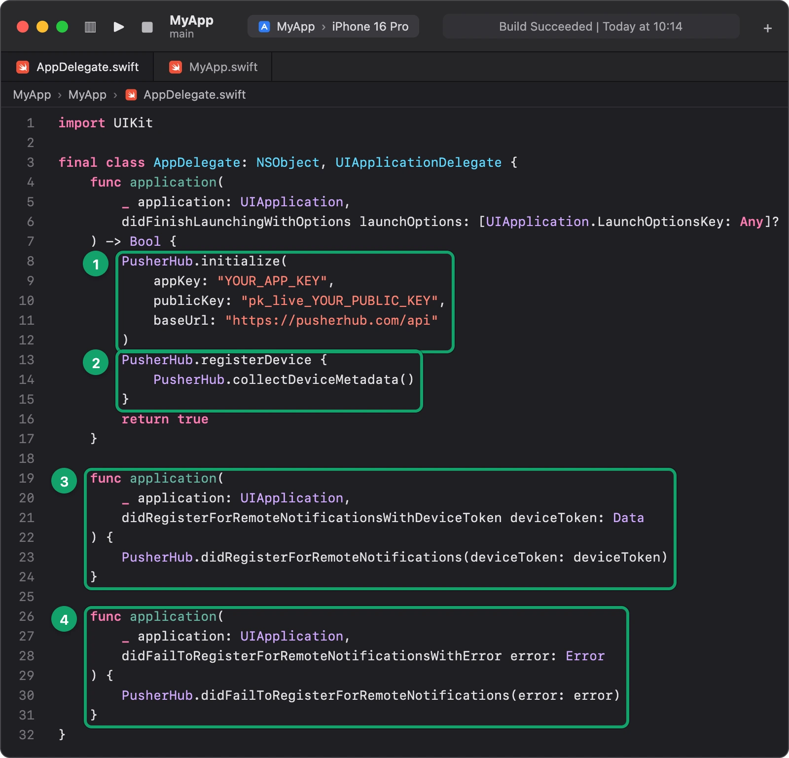 AppDelegate.swift with PusherHub.initialize, registerDevice and the two remote-notification functions