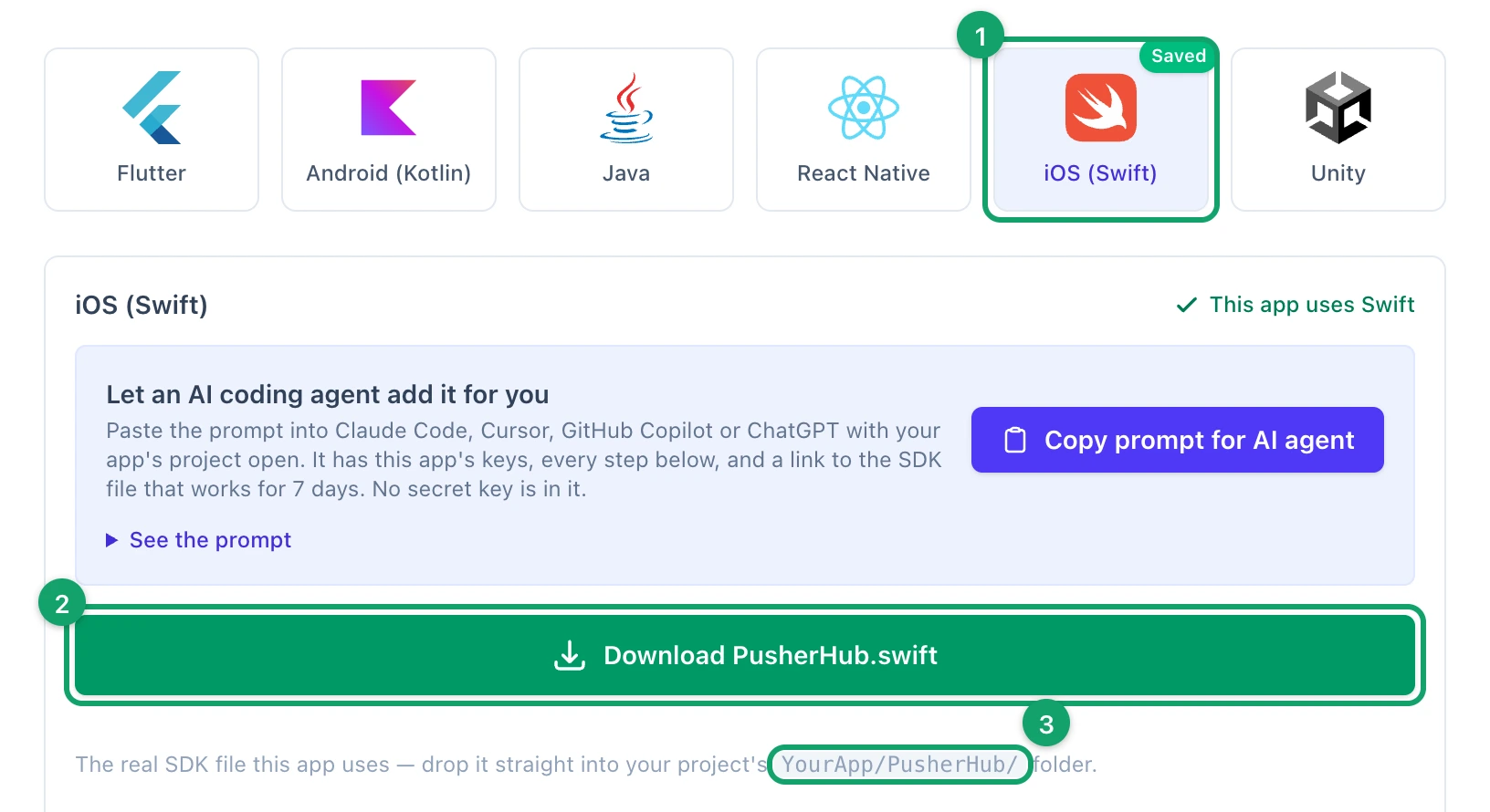 The SDK Integration tab with iOS (Swift) picked, its Download PusherHub.swift button and the folder the file goes in