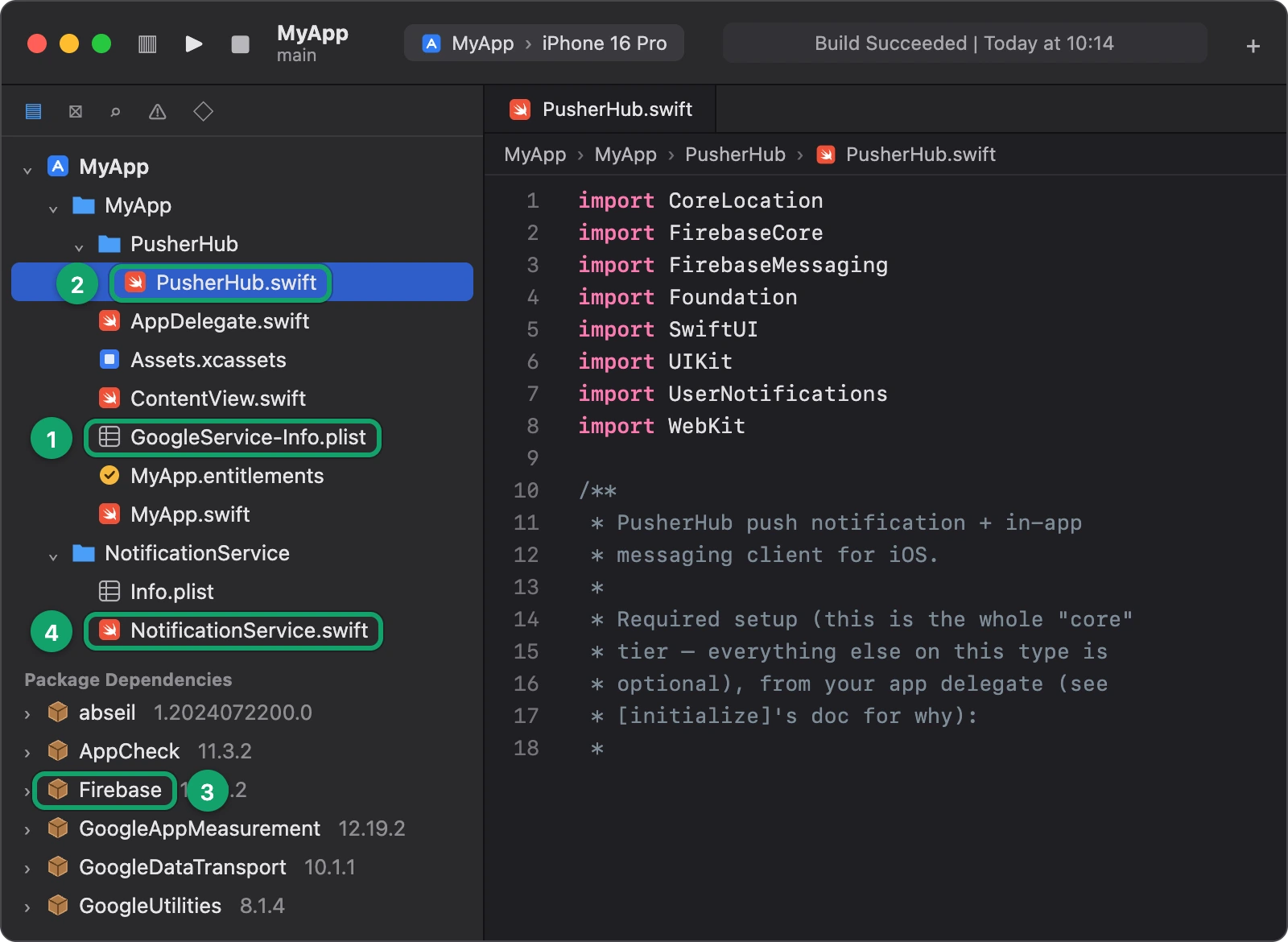 Xcode's project navigator with GoogleService-Info.plist and PusherHub/PusherHub.swift in the app folder, the NotificationService extension, and Firebase under Package Dependencies