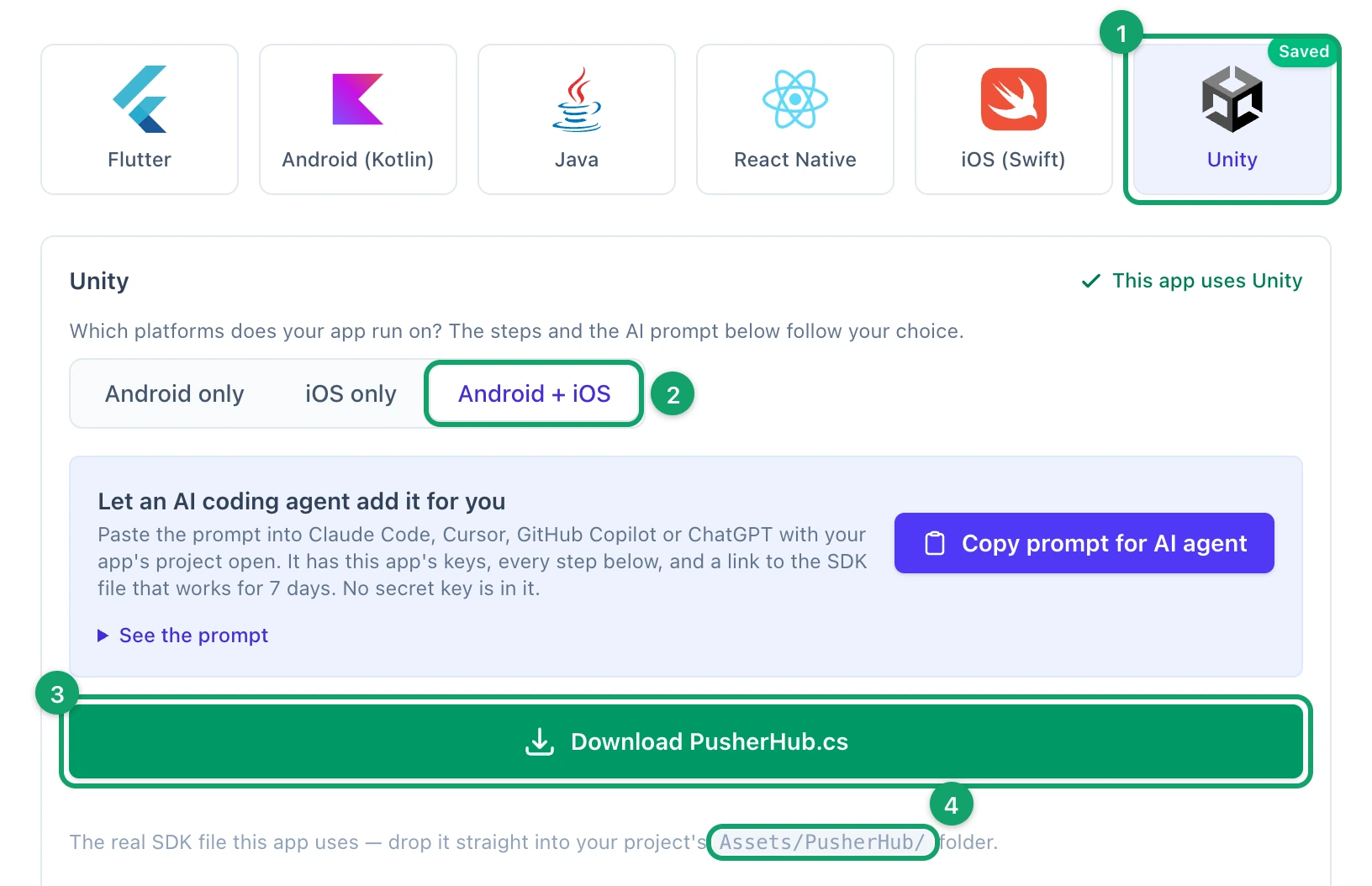 The SDK Integration tab with Unity and Android + iOS picked, its Download PusherHub.cs button and the folder the file goes in