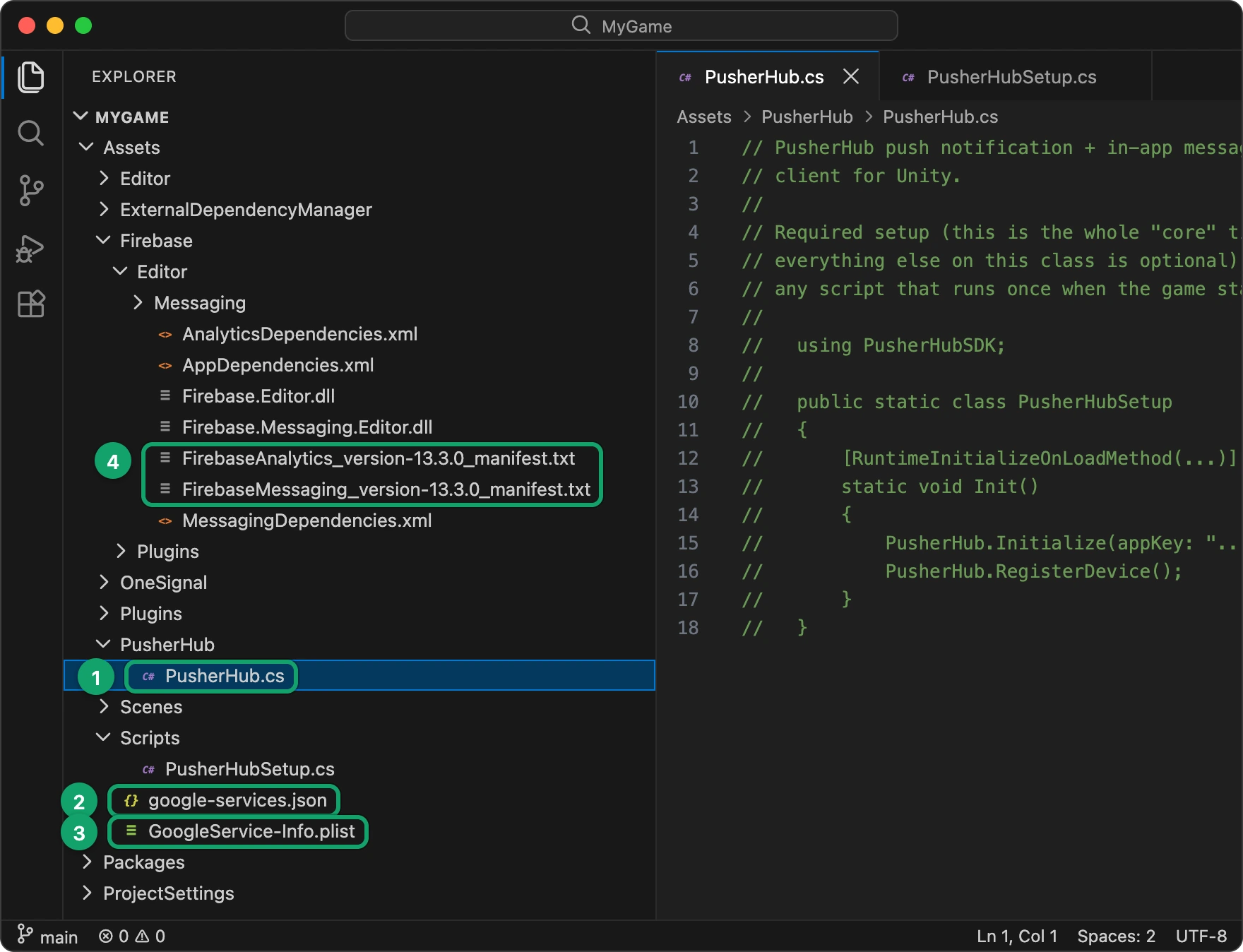 The game's Assets folder in VS Code with PusherHub.cs in Assets/PusherHub, google-services.json and GoogleService-Info.plist in Assets, and the Firebase version files