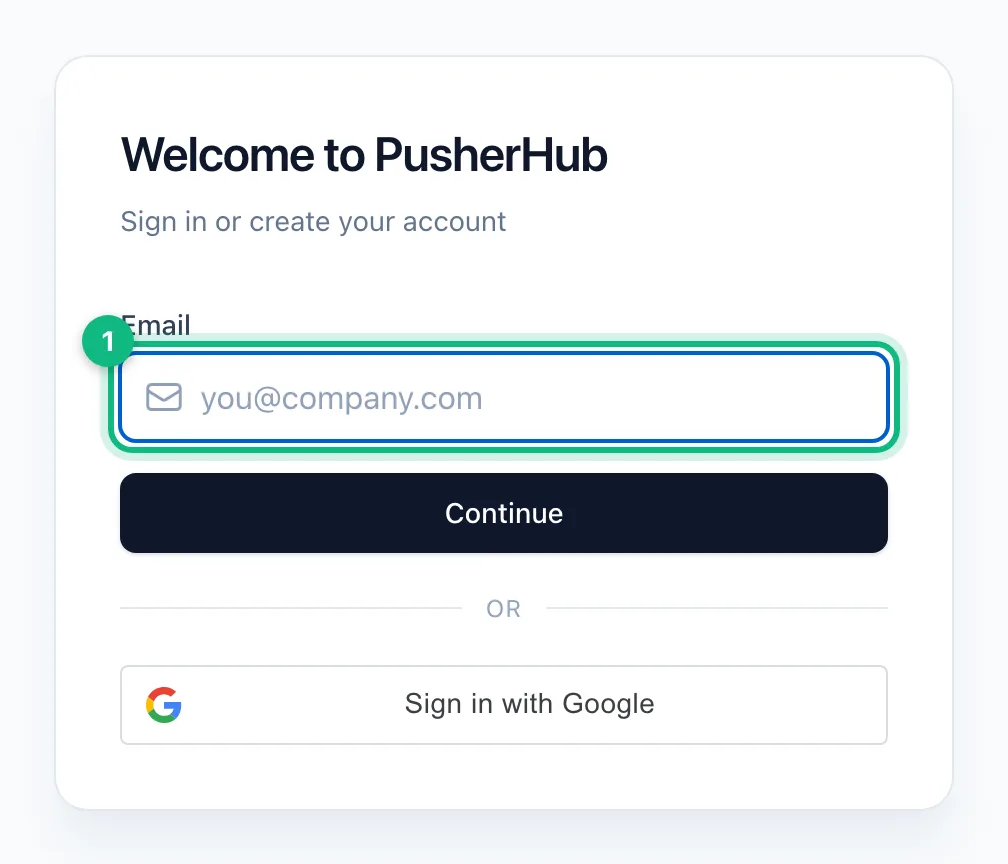 PusherHub's sign-up page, asking for an email address