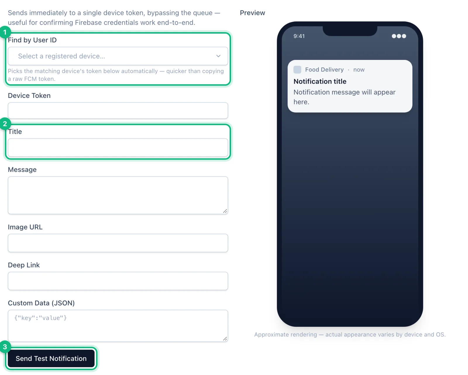 An app's Test Notification tab, with Find by User ID, Device Token, Title and Message