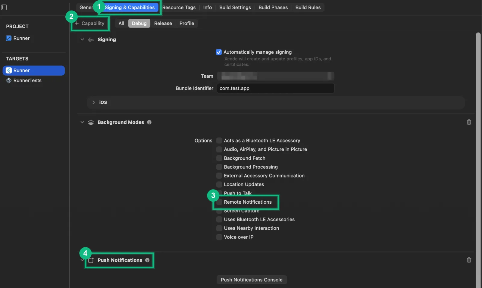 Xcode's Signing & Capabilities tab, with Background Modes and Push Notifications added